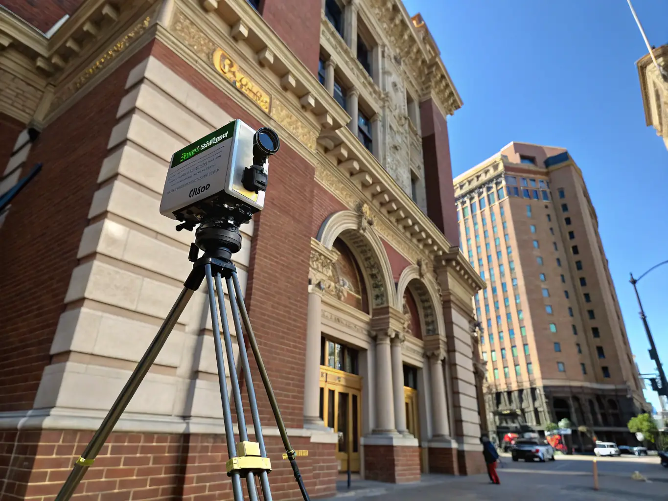A close-up shot of a LiDAR scanner in action, capturing detailed measurements of a building's exterior. The image should convey precision and advanced technology.